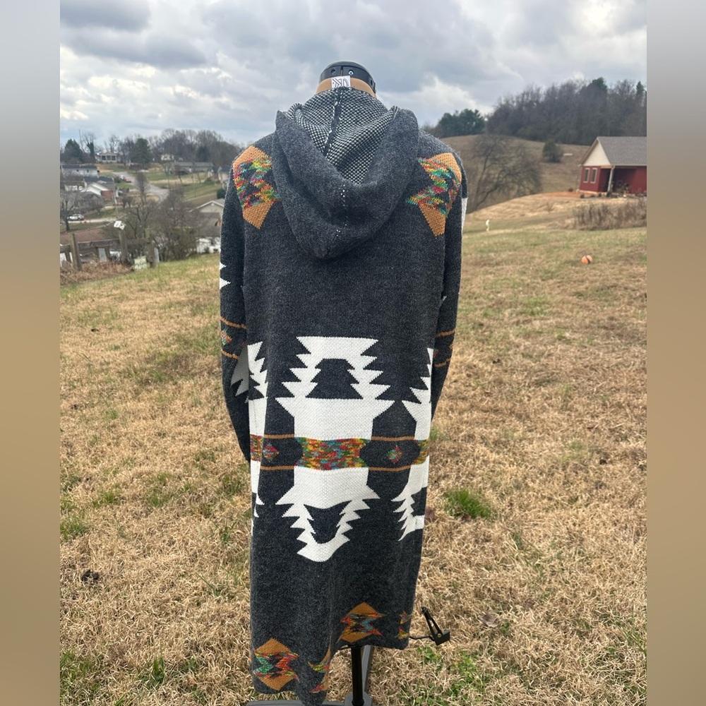 Gray Patterned Women's Sweater. Aztec. Long. Cardigan. Fun print - Picture 4 of 10
